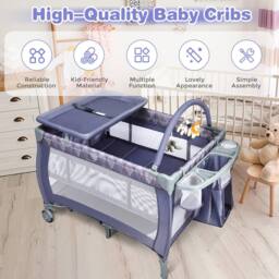 Costway Baby Cot Bed Portable Infant Changing Table Playpen w/Storage Shelves Hang Toys in Grey - thumbnail 4