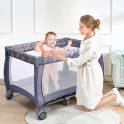 Costway Baby Cot Bed Portable Infant Changing Table Playpen w/Storage Shelves Hang Toys in Grey - thumbnail 6