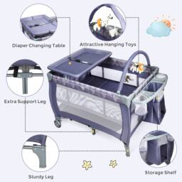 Costway Baby Cot Bed Portable Infant Changing Table Playpen w/Storage Shelves Hang Toys in Grey - thumbnail 5