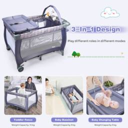 Costway Baby Cot Bed Portable Infant Changing Table Playpen w/Storage Shelves Hang Toys in Grey - thumbnail 3