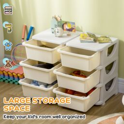 HOMCOM Kids 3 Tier Storage Unit Toy Storage Organiser Vertical Dresser Tower in White - thumbnail 4