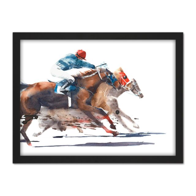 "Artery8 Wall Art Print Racing Horses With Jockey Large Large Framed Wall Décor Art in Black - Size: W18"" x H24""" - image 1