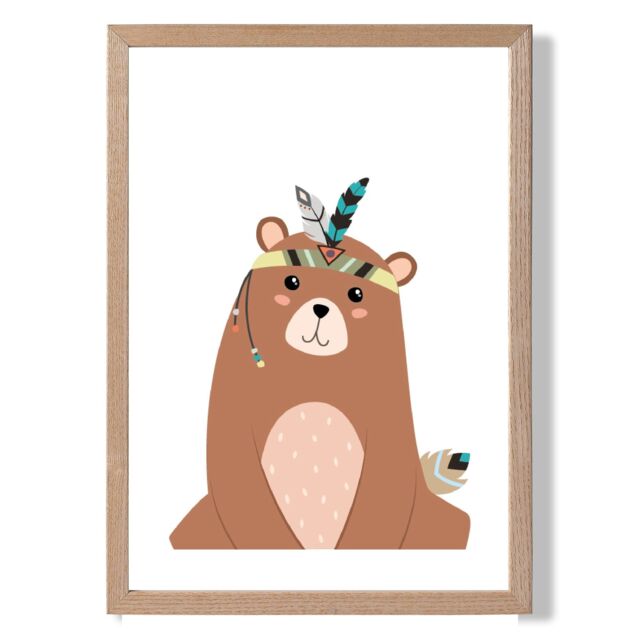 ARTZE Sitting Bear Tribal Animal Framed Print SIZE: A2 with Oak Frame in Brown - Size: A3 - image 1