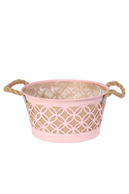 KDMD Round Pink Zinc Planter with Hessian Liner & Rope Handles - image 1