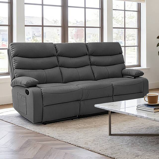 Kidsaw 3 Seater Manual Recliner Sofa DARK GREY PU Fabric - image 1
