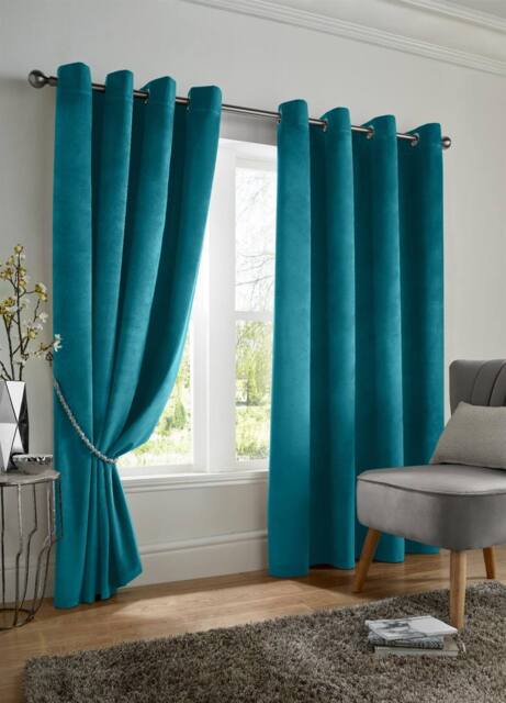 Luxury Living Velvet Thermal Blackout Eyelet Curtains Ready Made Pair in Teal - Size: 168 cm width x 183 cm drop - image 1