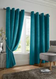 Luxury Living Velvet Thermal Blackout Eyelet Curtains Ready Made Pair in Teal - Size: 168 cm width x 183 cm drop - thumbnail 1