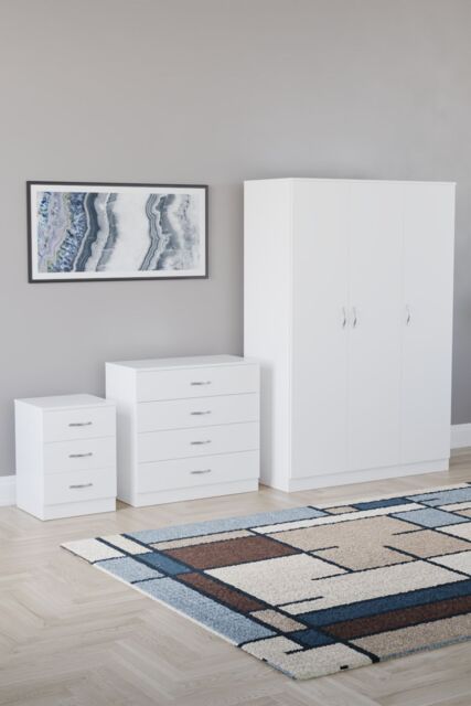 Home Discount Riano 3Pc Bedroom Set - 3 Drawer Bedside, 4 Drawer Chest & Wardrobe in White - image 1