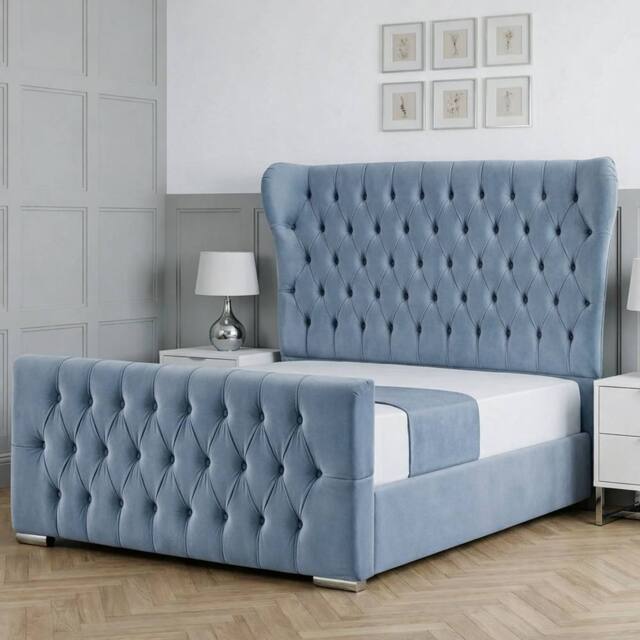 Living Comfort Bedz Velvetine Plush Velvet Upholstered Bed Slatted Base - 48Inch Headboard in Light Blue - Size: Single - image 1