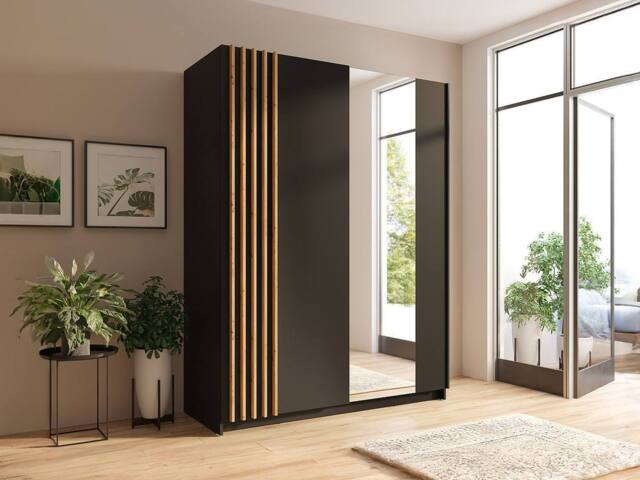 Vente-unique 2-Door Sliding Wardrobe - With Mirror - W150 Cm - Black & Natural - image 1