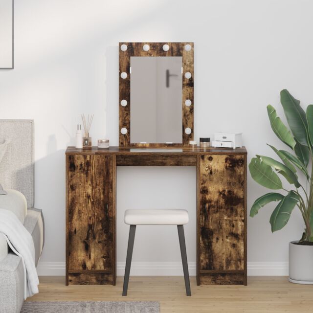 Berkfield Home Dressing Table with LED Lights Smoked Oak 102x33x135 cm in Brown - Size: 102 x 33 x 135 cm - image 1