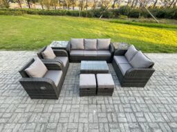 Fimous Patio Garden Furniture Sets Wicker 9 Seater Outdoor Rattan Furniture Sofa Sets with Rectangular Coffee Table Loveseat Sofa in Dark Grey - thumbnail 1