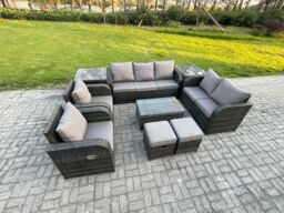 Fimous Patio Garden Furniture Sets Wicker 9 Seater Outdoor Rattan Furniture Sofa Sets with Rectangular Coffee Table Loveseat Sofa in Dark Grey - thumbnail 2