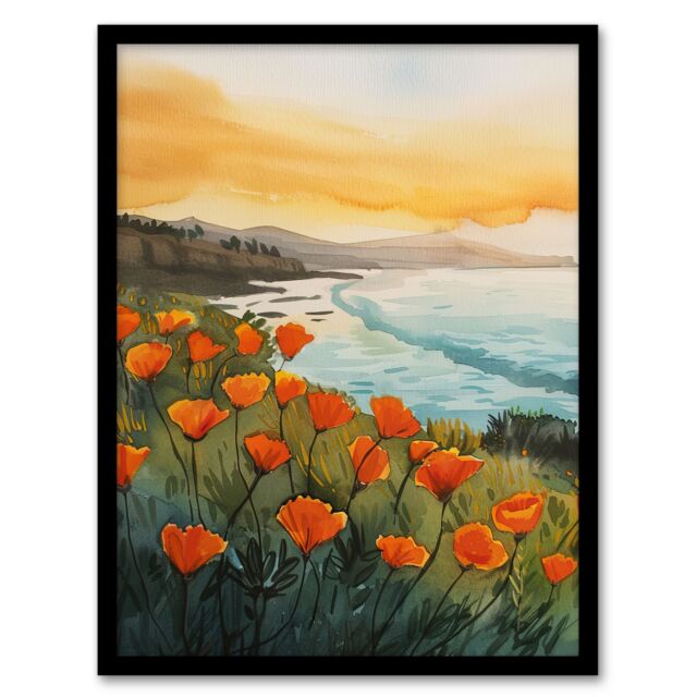 "Artery8 Shoreline California Poppies Floral Watercolour Framed Art Print - Size: W12"" x H16""" - image 1