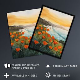 "Artery8 Shoreline California Poppies Floral Watercolour Framed Art Print - Size: W12"" x H16""" - thumbnail 2