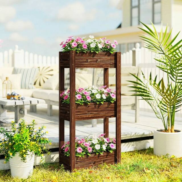 OUTSUNNY 3-Tier Wooden Raised Planter, Raised Garden Bed on Legs in Brown - image 1
