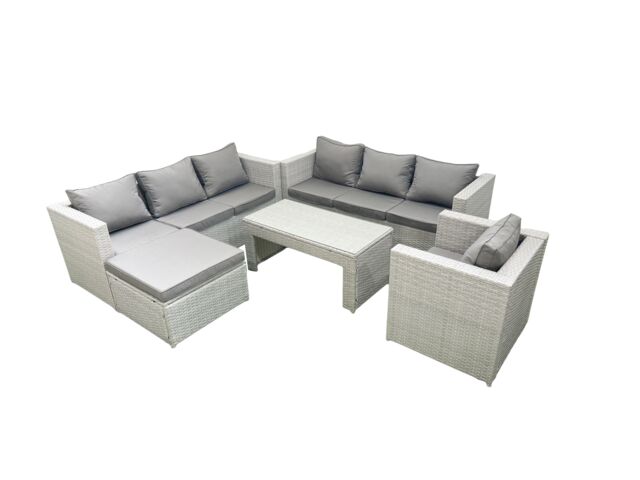 Fimous Wicker PE Rattan Sofa Garden Furniture Set with Oblong Coffee Table Armchair Big Footstool Light Grey Mixed - image 1