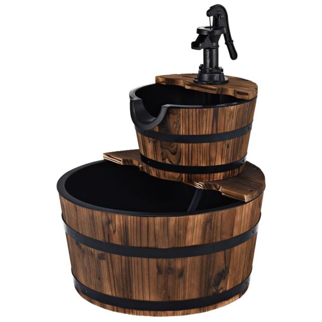 Gymax Garden Wooden Barrel Fountain 2 Floors Water Feature With Pump in Dark Brown - image 1