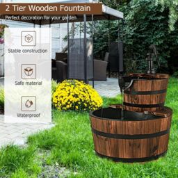 Gymax Garden Wooden Barrel Fountain 2 Floors Water Feature With Pump in Dark Brown - thumbnail 7