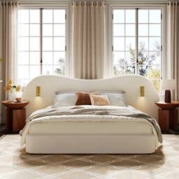 Matteo Modern Double Bed with Hydraulic Storage, USB, Lamp & White Bouclé - Size: EU Super King - thumbnail 6