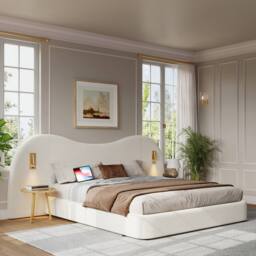 Matteo Modern Double Bed with Hydraulic Storage, USB, Lamp & White Bouclé - Size: EU Super King - thumbnail 4