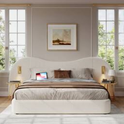 Matteo Modern Double Bed with Hydraulic Storage, USB, Lamp & White Bouclé - Size: EU Super King - thumbnail 2