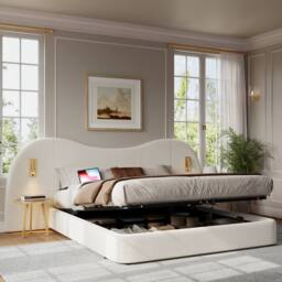 Matteo Modern Double Bed with Hydraulic Storage, USB, Lamp & White Bouclé - Size: EU Super King - thumbnail 1