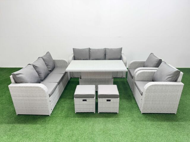 Fimous PE Rattan High Back Lounge Sofa Set Patio Adjustable Lifting Dining or Coffee Table & Chairs Set w/ 3 Seater Sofa Reclining Chair Stools Light - image 1