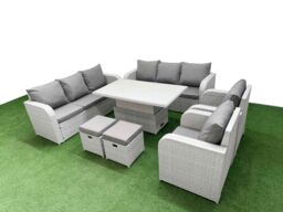 Fimous PE Rattan High Back Lounge Sofa Set Patio Adjustable Lifting Dining or Coffee Table & Chairs Set w/ 3 Seater Sofa Reclining Chair Stools Light - thumbnail 2
