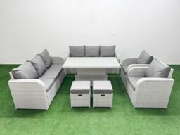 Fimous PE Rattan High Back Lounge Sofa Set Patio Adjustable Lifting Dining or Coffee Table & Chairs Set w/ 3 Seater Sofa Reclining Chair Stools Light - thumbnail 1
