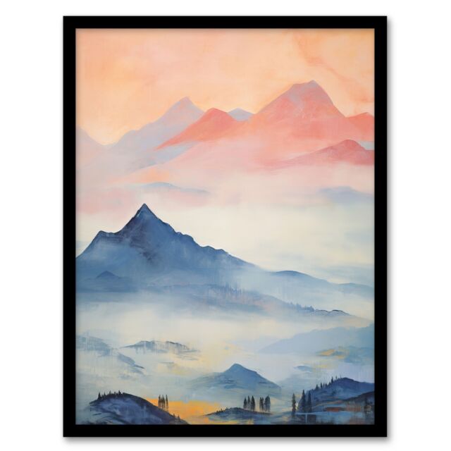 "Artery8 Wall Art Print The Blue Misty Hills Of Home Sunset Landscape Watercolour Mist Art Framed in Black - Size: W12"" x H16""" - image 1