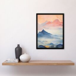 "Artery8 Wall Art Print The Blue Misty Hills Of Home Sunset Landscape Watercolour Mist Art Framed in Black - Size: W12"" x H16""" - thumbnail 4
