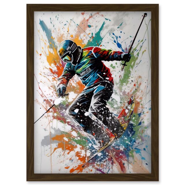 Artery8 Skier Skiing Multicoloured Paint Splat Action Shot Artwork Framed Wall Art Print A4 in Brown - image 1