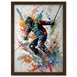 Artery8 Skier Skiing Multicoloured Paint Splat Action Shot Artwork Framed Wall Art Print A4 in Brown - thumbnail 1