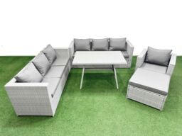 Fimous 8-seater Patio 3 Seater Sofa Armchair Set with Big Stool in Light Grey - thumbnail 2