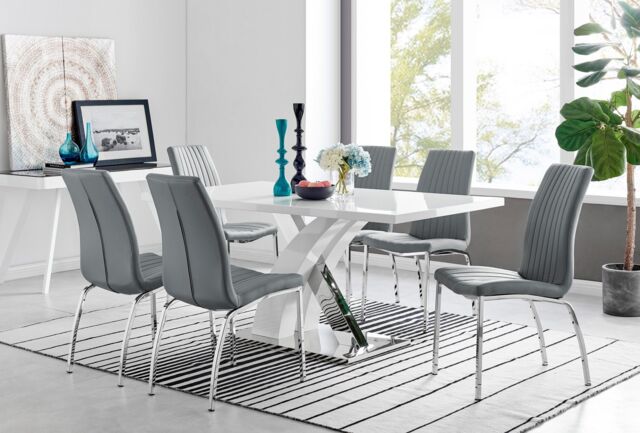 FurnitureboxUK Atlanta Modern Rectangle Chrome Metal High Gloss White Dining Table & 6 Isco Chairs Set in Grey - image 1