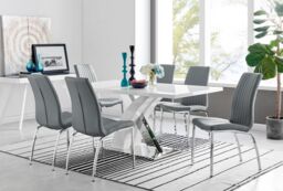 FurnitureboxUK Atlanta Modern Rectangle Chrome Metal High Gloss White Dining Table & 6 Isco Chairs Set in Grey