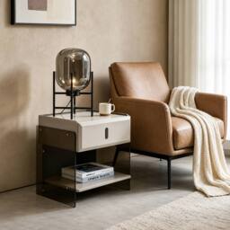 7seas Modern Bedside Table with Acrylic Side Panels 48 x 39 x 46.5cm in Beige - Size: 48 x 39 x 46.5 cm - thumbnail 5