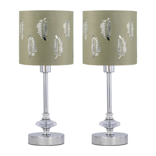 First Choice Lighting Set of 2 Chrome Jewelled Table Lamps with Sage Green Fern Shades in Silver - image 1