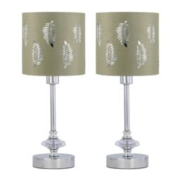 First Choice Lighting Set of 2 Chrome Jewelled Table Lamps with Sage Green Fern Shades in Silver
