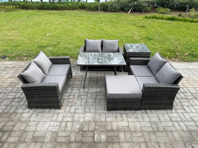 Fimous 7 Seater Rattan Wicker Garden Furniture Patio Conservatory Sofa Set with Rectangular Dining Table Side Table in Dark Grey - image 1
