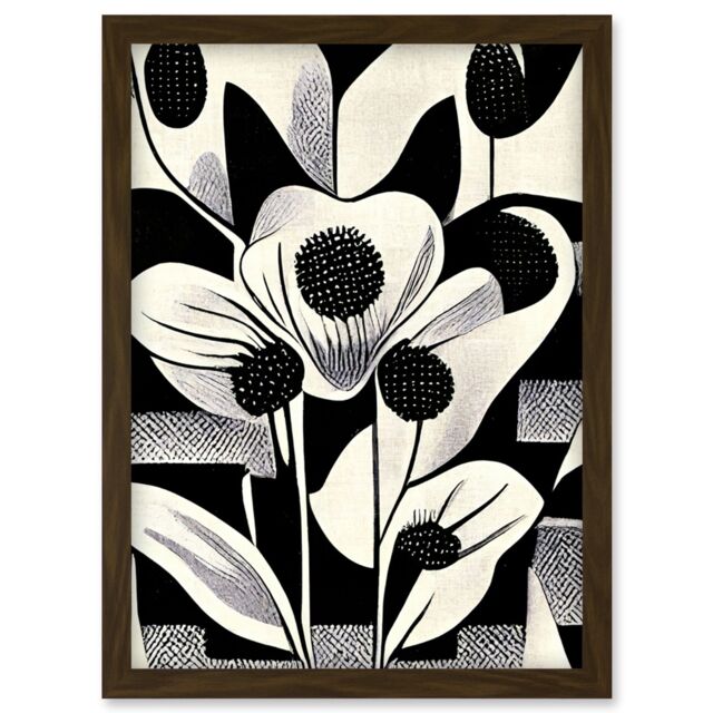 Artery8 Monochrome Black White Abstract Retro Flower Pattern Artwork Framed Wall Art Print A4 in Brown - image 1