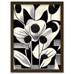 Artery8 Monochrome Black White Abstract Retro Flower Pattern Artwork Framed Wall Art Print A4 in Brown - thumbnail 1