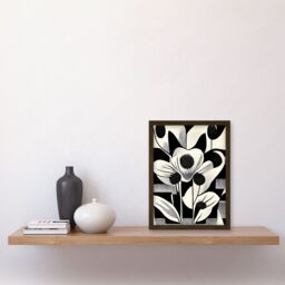 Artery8 Monochrome Black White Abstract Retro Flower Pattern Artwork Framed Wall Art Print A4 in Brown - thumbnail 2