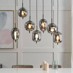 Wyld and Coco 7-Light Pendant Lamp Smoked Glass and Brushed Iron in Silver