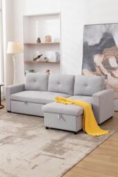 More4Homes Newport Fabric Corner 3 Seater Sofa Bed w Storage Left or Right Side in Light Grey