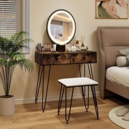Costway Vanity Set Makeup Dressing Table w/ Soft Cushioned Stool & Mirror in Brown - thumbnail 7