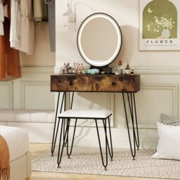 Costway Vanity Set Makeup Dressing Table w/ Soft Cushioned Stool & Mirror in Brown - thumbnail 9