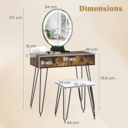 Costway Vanity Set Makeup Dressing Table w/ Soft Cushioned Stool & Mirror in Brown - thumbnail 2