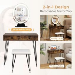 Costway Vanity Set Makeup Dressing Table w/ Soft Cushioned Stool & Mirror in Brown - thumbnail 5